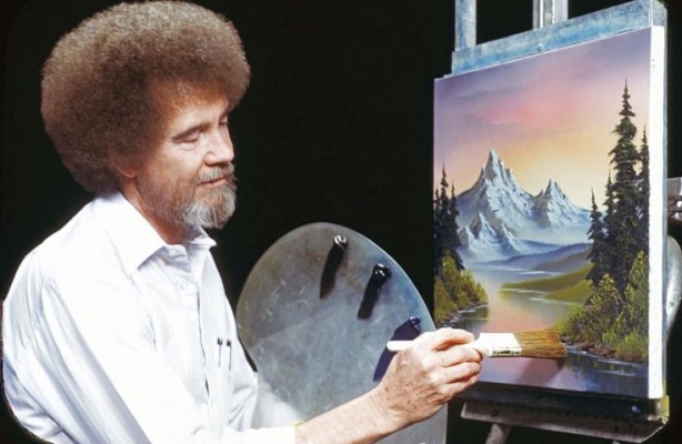 Bob Ross is teaching painting on the show 'The Joy of Painting'