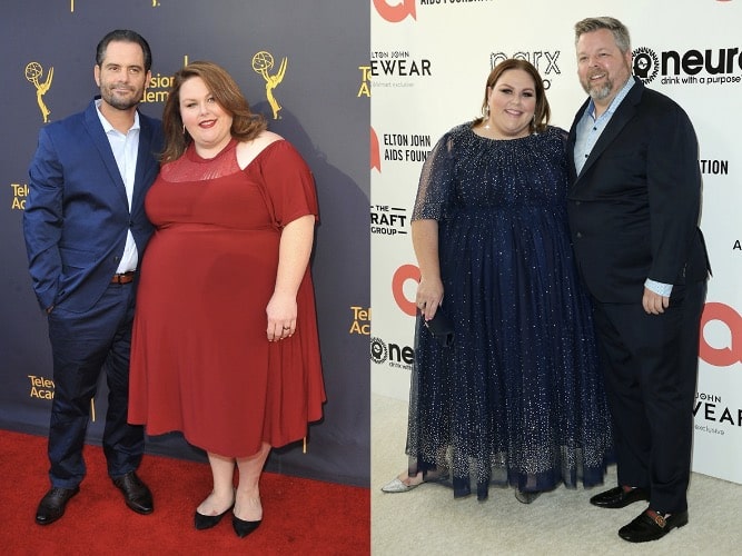 The left image shows Chrissy Metz and Josh Stancil, while the right image shows Chrissy Metz and Bradley Collins